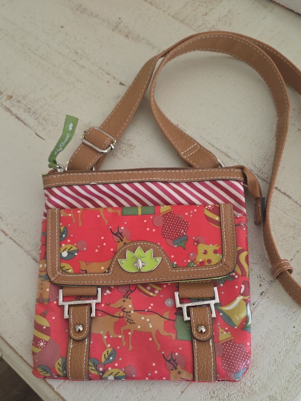 Lily Bloom Red Crossbody Bag with Tan Trim and Holiday Print